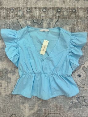 Francesca's Light Blue Peplum Top with Ruffle Trim